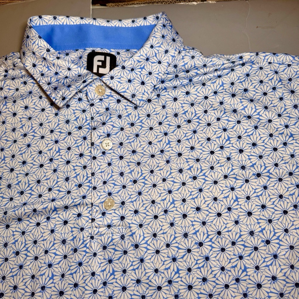 FootJoy Polo Shirt XL Floral Daisy All Over Print White Blue Stretch Golf